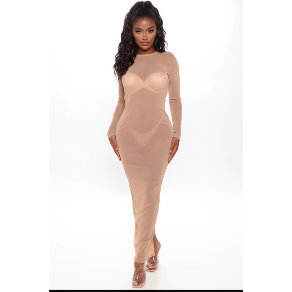 Fashion Nova “Put On A Show Mesh Maxi Dress Taupe” - Picture 4 of 5